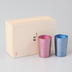 チタン二重タンブラー白樺（小）　ブルー・ピンクペア