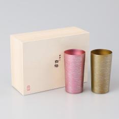 チタン二重タンブラー白樺（大）　ブラウン・ピンクペア