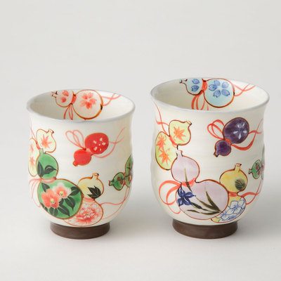 有田焼 源右衛門窯 染錦 菊牡丹絵 湯呑 5客 未使用品