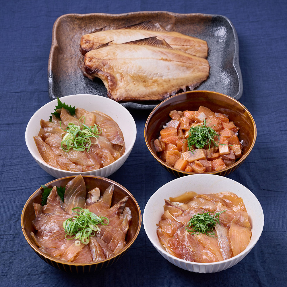 若狭の漬け丼（真鯛、サーモン、ミックス）と地魚干物セット