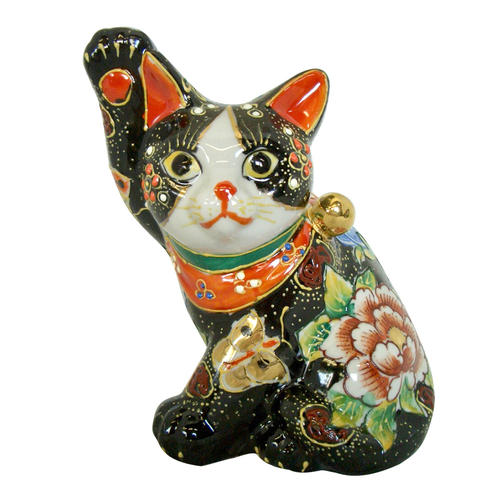 九谷焼 5.5号横座り招き猫　黒盛　花と蝶