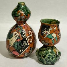 ＜深見 文紀　FUKAMI Fuminori＞藍鉄漫画織部徳利、漫画織部香杯　2点セット（各共箱有）