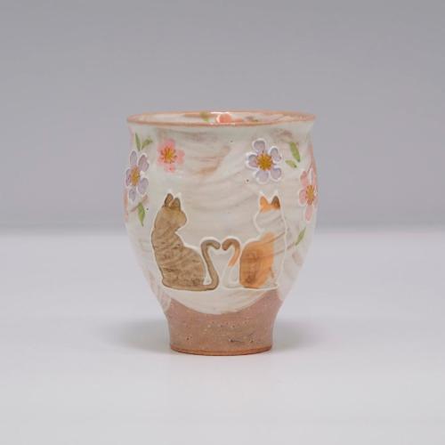 京焼・清水焼 ハートネコ 湯呑 赤