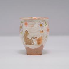 京焼・清水焼 ハートネコ 湯呑 赤