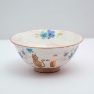 空萌工房　田口紀美子さん　花とウサギの飯碗 白赤 空萌工房 田口紀美子さん 花とウサギの飯碗 白赤