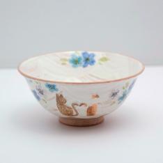 京焼・清水焼 ハートネコ 飯碗 青