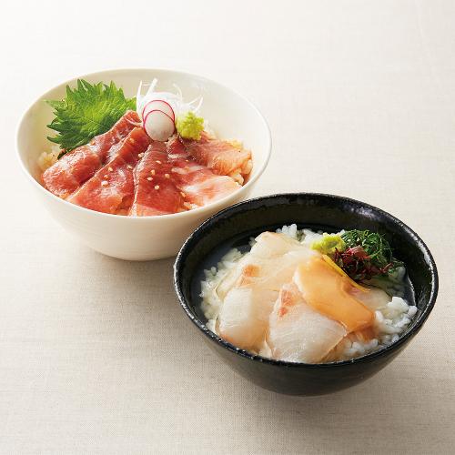 〈黒門市場 新魚栄〉近大マグロ漬け丼&近大鯛茶漬け