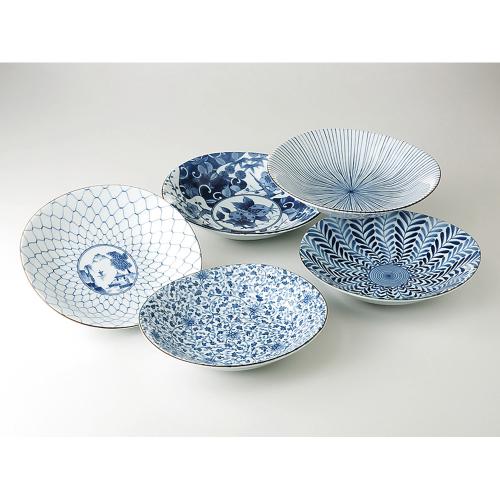 ＜美濃焼＞藍絵変り 楕円反鉢揃