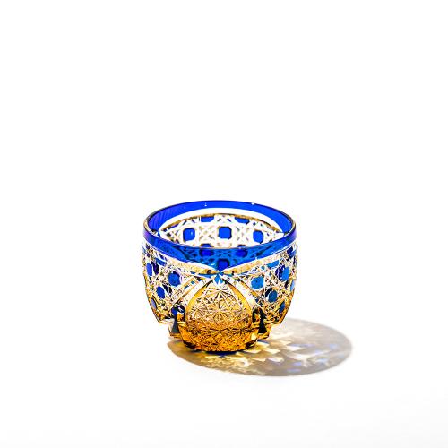 江戸切子 菊繋ぎに籠目紋 クリスタルぐい呑（琥珀ルリ）