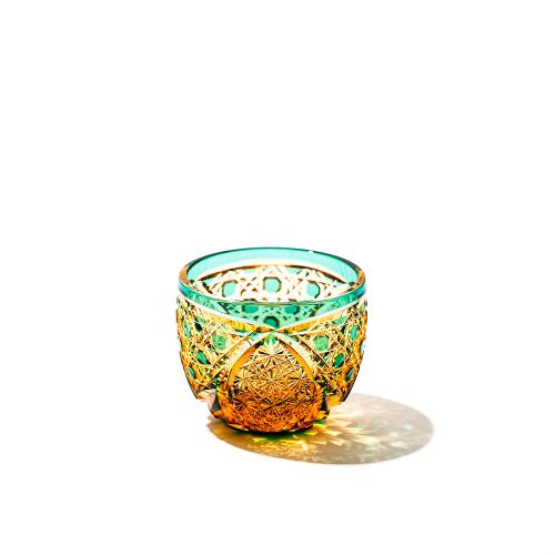 江戸切子 菊繋ぎに籠目紋 クリスタルぐい呑（琥珀緑）