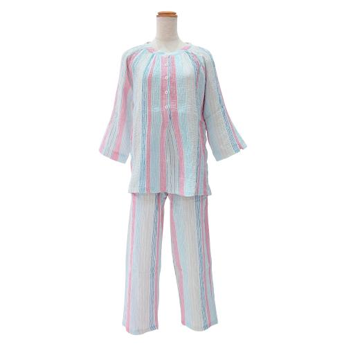 ＜nacrure＞婦人七分袖パジャマ Wガーゼ シャーリング ストライプ （RE）
