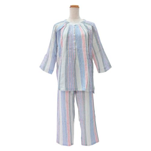 ＜nacrure＞婦人七分袖パジャマ Wガーゼ シャーリング ストライプ （NV）