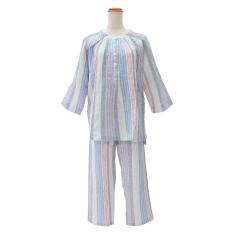 ＜nacrure＞婦人七分袖パジャマ Wガーゼ シャーリング ストライプ （NV）