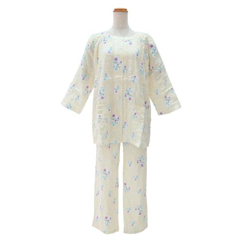 ＜nacrure＞婦人七分袖パジャマ Wガーゼ シャーリング 小花 （YE）
