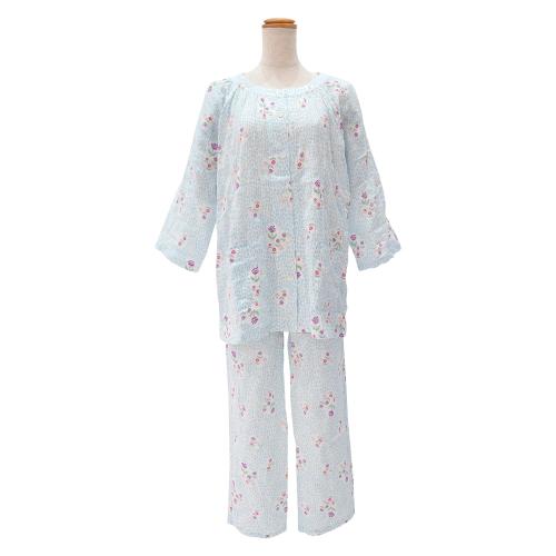 ＜nacrure＞婦人七分袖パジャマ Wガーゼ シャーリング 小花 （BU）