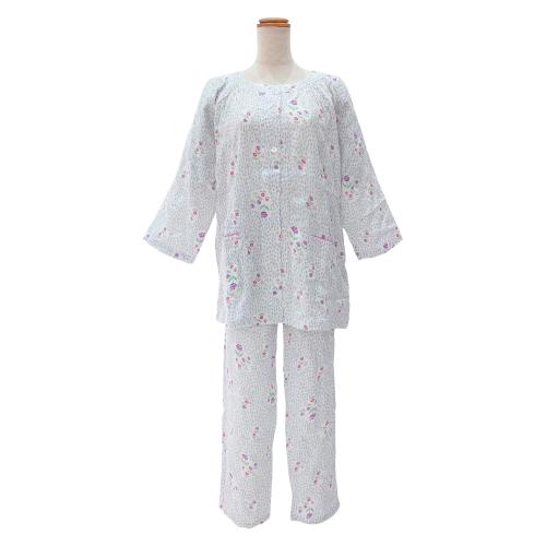 ＜nacrure＞婦人七分袖パジャマ Wガーゼ シャーリング 小花 （GY）