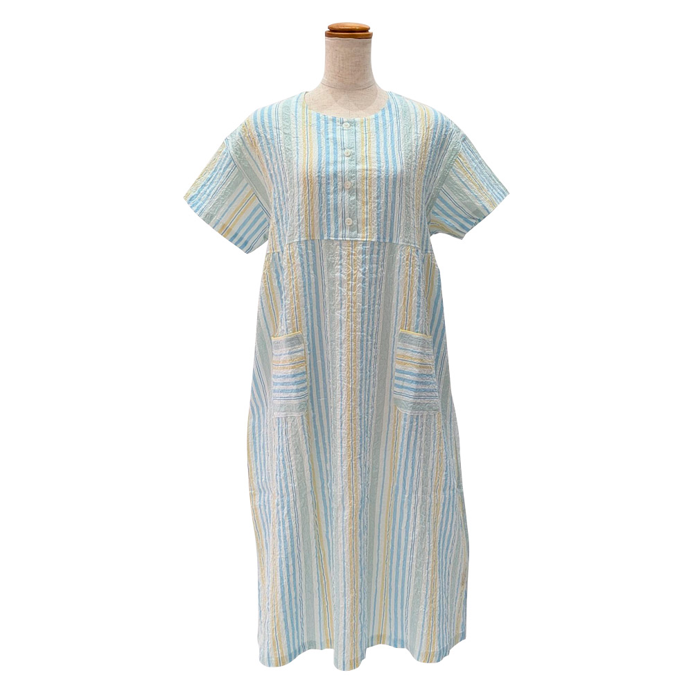 ＜nacrure＞婦人半袖ワンピース ローンシャーリング ストライプ （BU）