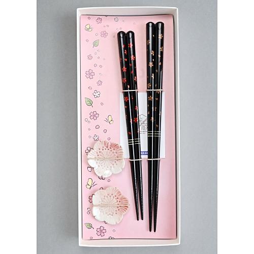 若狭塗 太口夜桜箸ペア清水焼箸置付