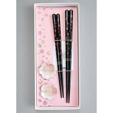 若狭塗　太口夜桜箸ペア清水焼箸置付