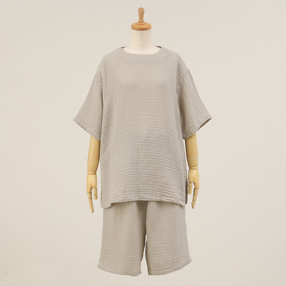 Uクレープガーゼ シンプルルームウエア ベージュ　S→L