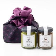 ミルクジャム宇治抹茶・京ほうじ茶セット ふろしきパッケージギフト＜紫＞