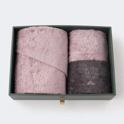 オーガニックコットン バスタオル1枚&フェイスタオル2枚入り ピンク・ピンク・チャコールグレー