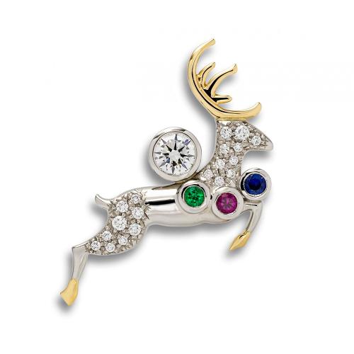 Pt/K18YGダイヤモンド・エメラルド・ルビー・サファイアピンブローチ