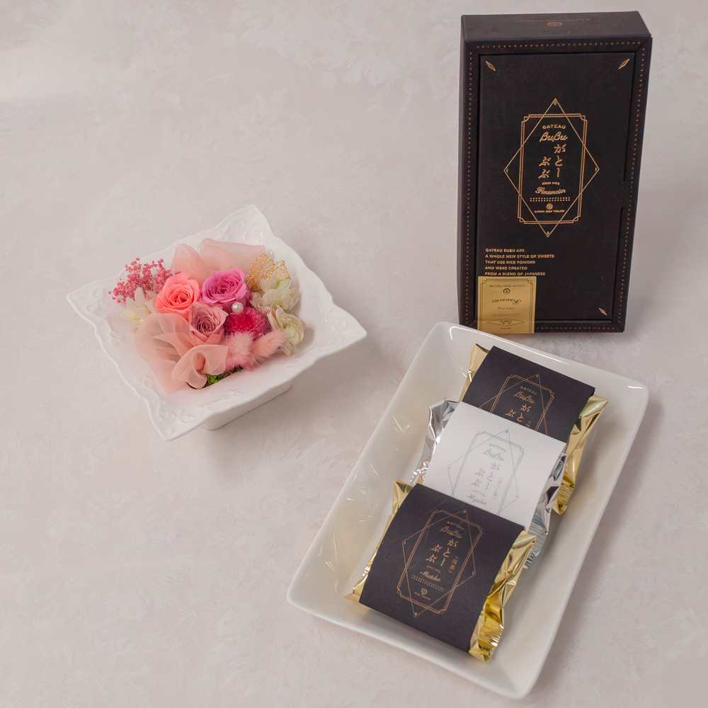 【母の日】プリザーブドフラワーアレンジメント　ルナ（ピンク）＆宇治茶「祇園辻利」がとーぶぶ　抹茶フィナンシェ、ほうじ茶フィナンシェセット