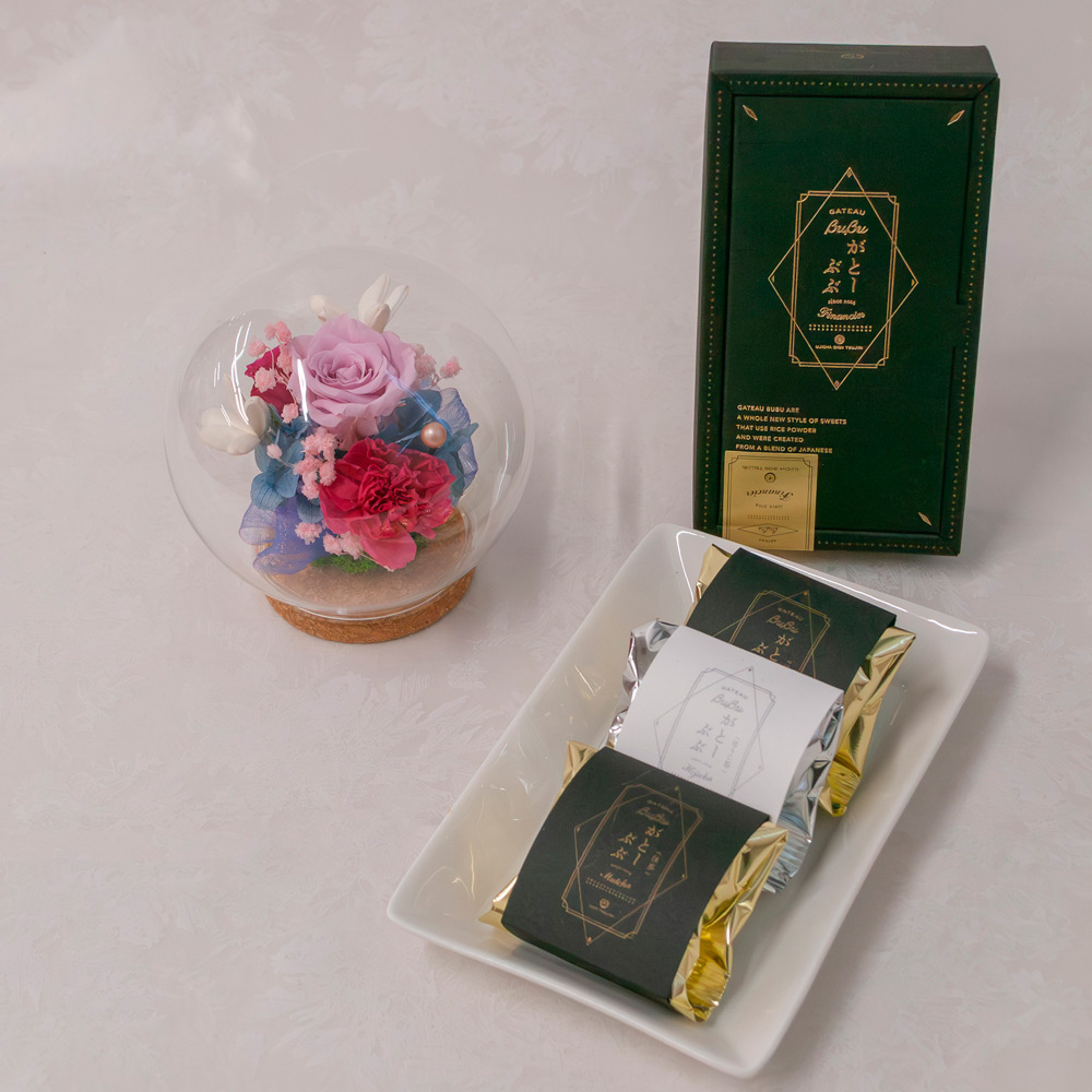 【母の日】プリザーブドフラワーアレンジメント　シエロ（ピンク）＆宇治茶「祇園辻利」がとーぶぶ　抹茶フィナンシェ、ほうじ茶フィナンシェセット