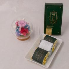 【母の日】プリザーブドフラワーアレンジメント　シエロ（ピンク）＆宇治茶「祇園辻利」がとーぶぶ　抹茶フィナンシェ、ほうじ茶フィナンシェセット