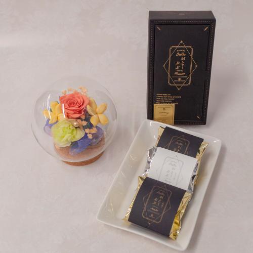 【母の日】プリザーブドフラワーアレンジメント　シエロ（オレンジ・イエロー）＆宇治茶「祇園辻利」がとーぶぶ　抹茶フィナンシェ、ほうじ茶フィナンシェセット