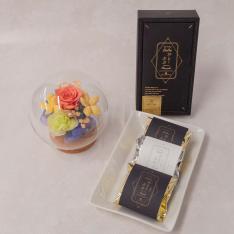 【母の日】プリザーブドフラワーアレンジメント　シエロ（オレンジ・イエロー）＆宇治茶「祇園辻利」がとーぶぶ　抹茶フィナンシェ、ほうじ茶フィナンシェセット