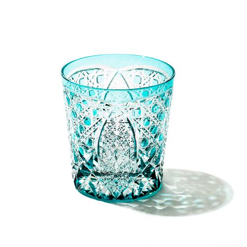 江戸切子 菊繋ぎに籠目紋 クリスタルオールドグラス グリーン