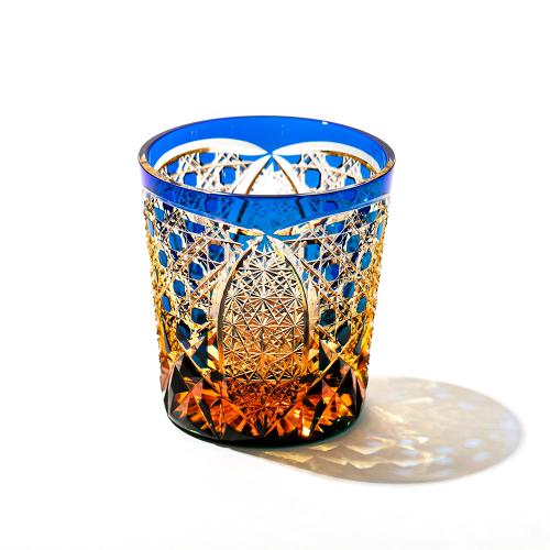 江戸切子 菊繋ぎに籠目紋 クリスタルオールドグラス 琥珀ルリ