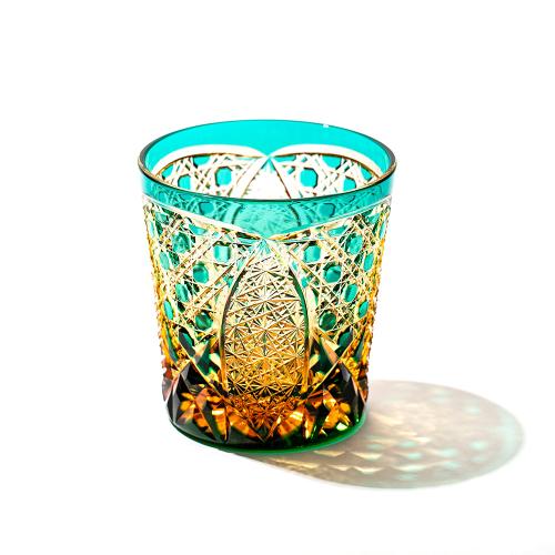 江戸切子 菊繋ぎに籠目紋 クリスタルオールドグラス 琥珀緑