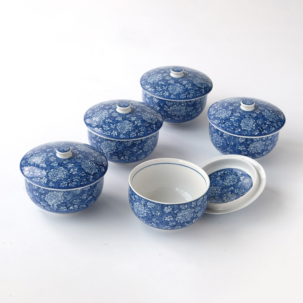 染牡丹 蓋付お茶呑茶碗（木箱入）〈5客〉