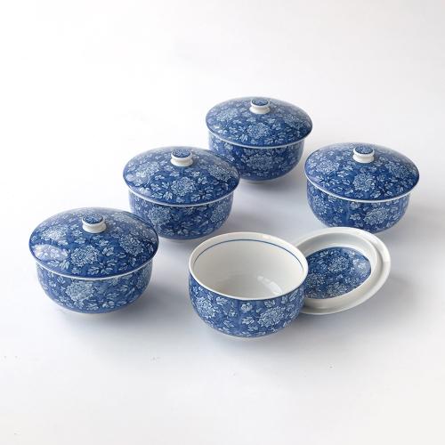 染牡丹 蓋付お茶呑茶碗（木箱入）〈5客〉