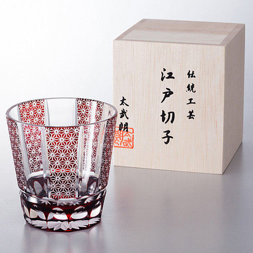 江戸切子 麻ノ葉紋フリーカップ(大)赤 伝統工芸士 木村泰典