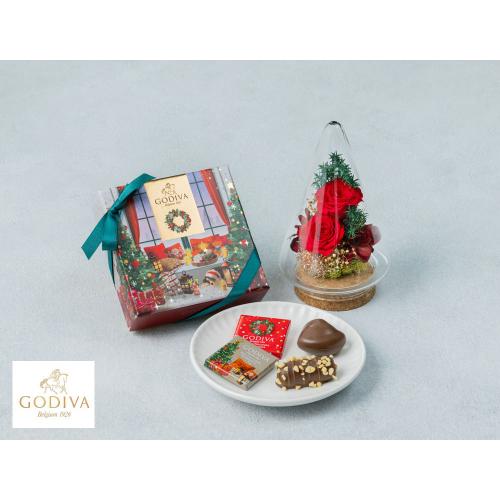 クリスマスグラスドーム プリザーブドフラワーレッド＆ゴディバチョコレート