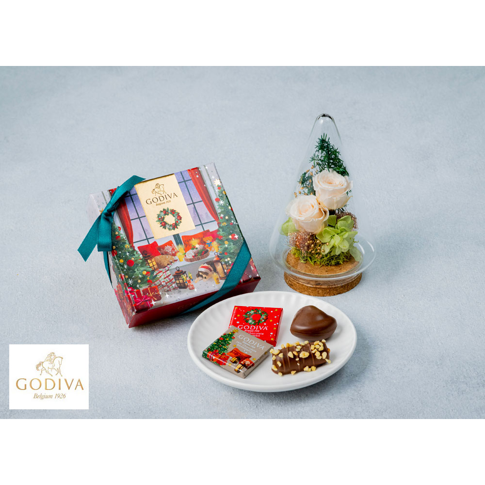 クリスマスグラスドーム プリザーブドフラワーホワイト＆ゴディバチョコレート