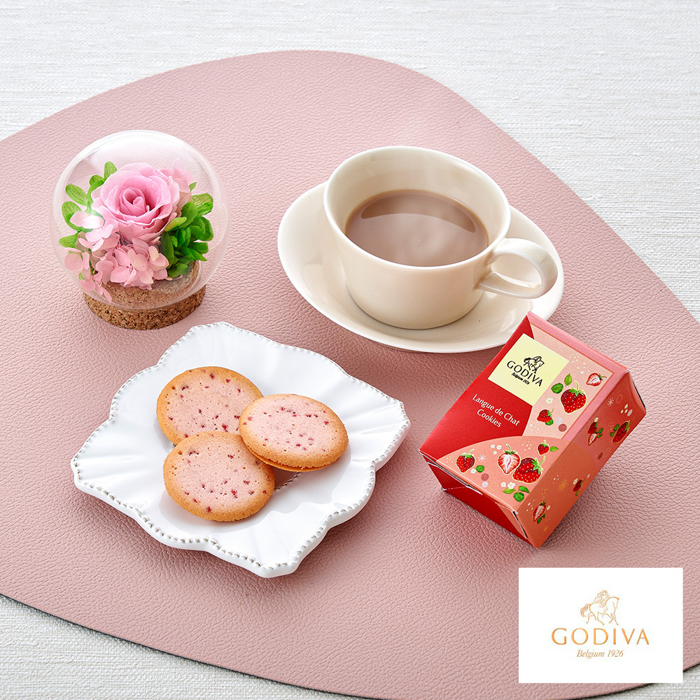 【母の日】ギフトコルクドームプリザーブドフラワー「ピンク」＆<GODIVA>あまおう苺ラングドシャクッキー 4枚入