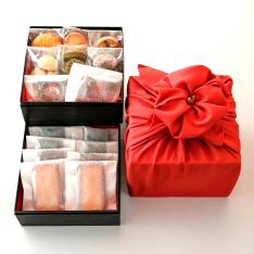 京の花結び二段重－焼菓子詰合せ各種16個入り風呂敷包