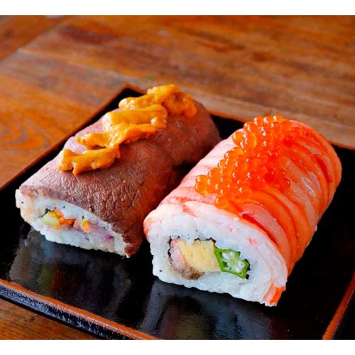 ＜わさび葉寿しうめもり＞紅ずわいがにと黒毛和牛ローストビーフの恵方巻2本入