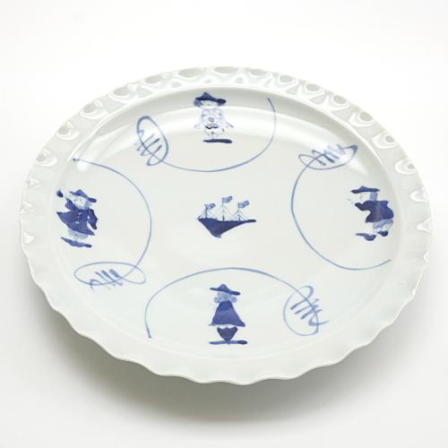 青花　間取異人　輪花8寸ミート皿