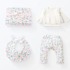 出産祝い3点セット（スタイ・長袖トップス・ロングパンツ） 花咲く音色
