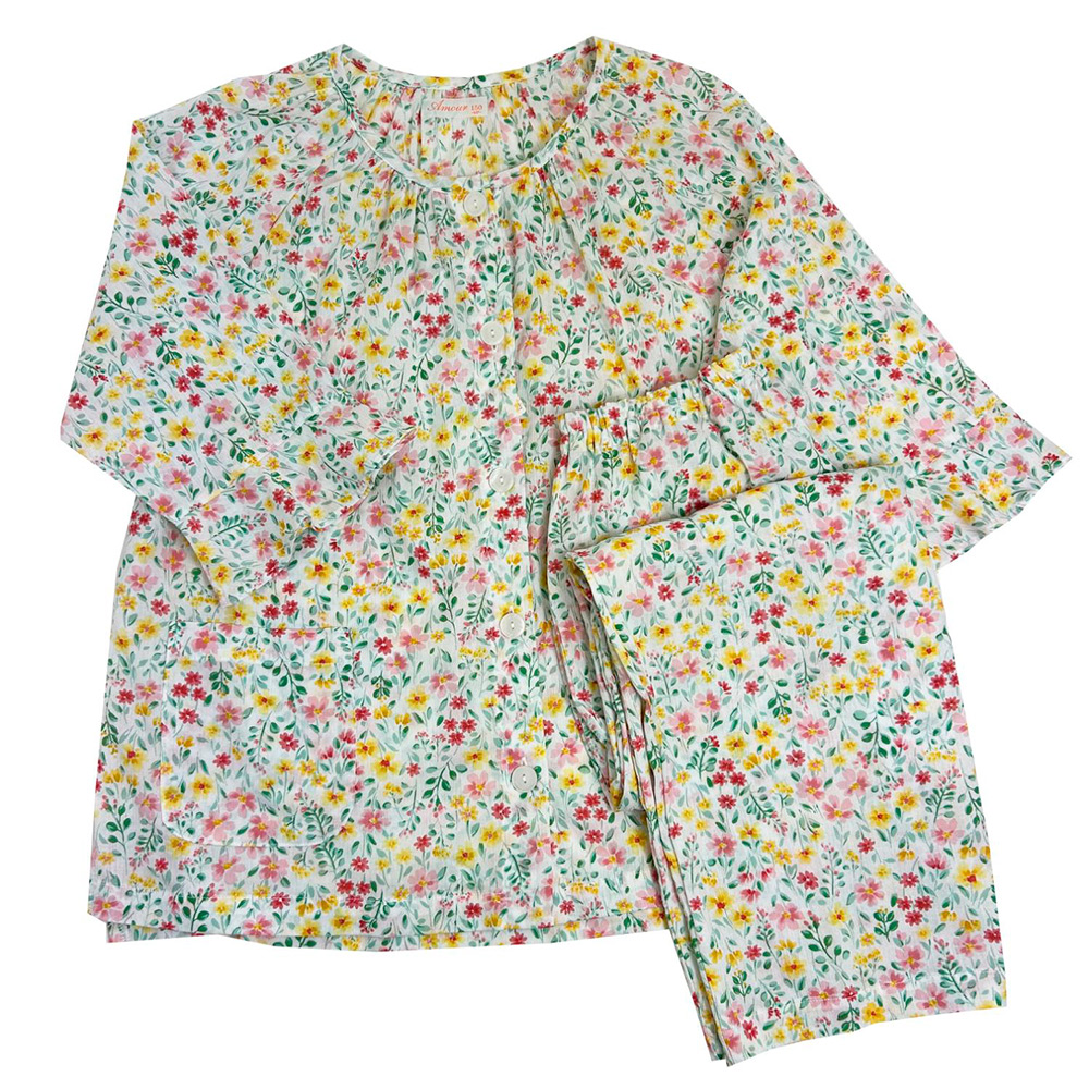 【母の日】高島クレープ花柄パジャマ　グリーン（M→L）