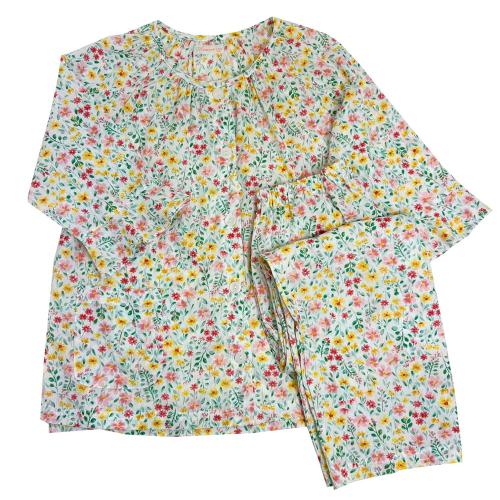 【母の日】高島クレープ花柄パジャマ　グリーン（M→L）