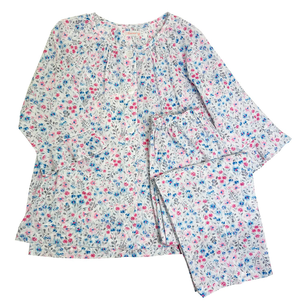 【母の日】高島クレープ花柄パジャマ　ブルー（M→L）