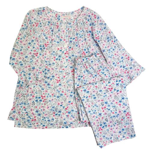 【母の日】高島クレープ花柄パジャマ　ブルー（M→L）