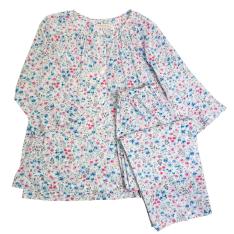 【母の日】高島クレープ花柄パジャマ　ブルー（M→L）